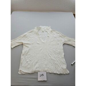 HM Womens White Ribbed Knit V-Neck Pullover Top Collared 3/4 Sleeve Size M